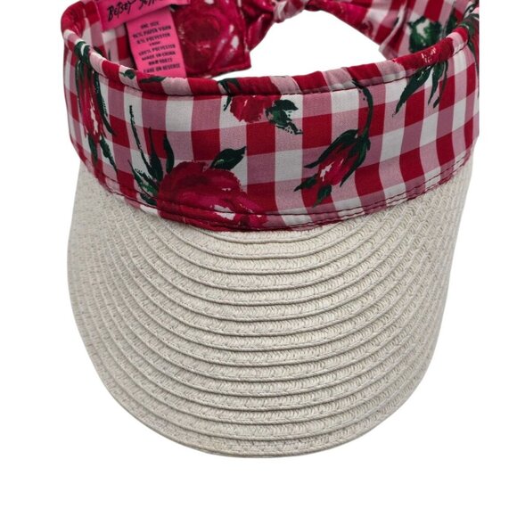 Women's - Betsey Johnson Straw Checked Rose Sun Visor Hat - Picture 2 of 7